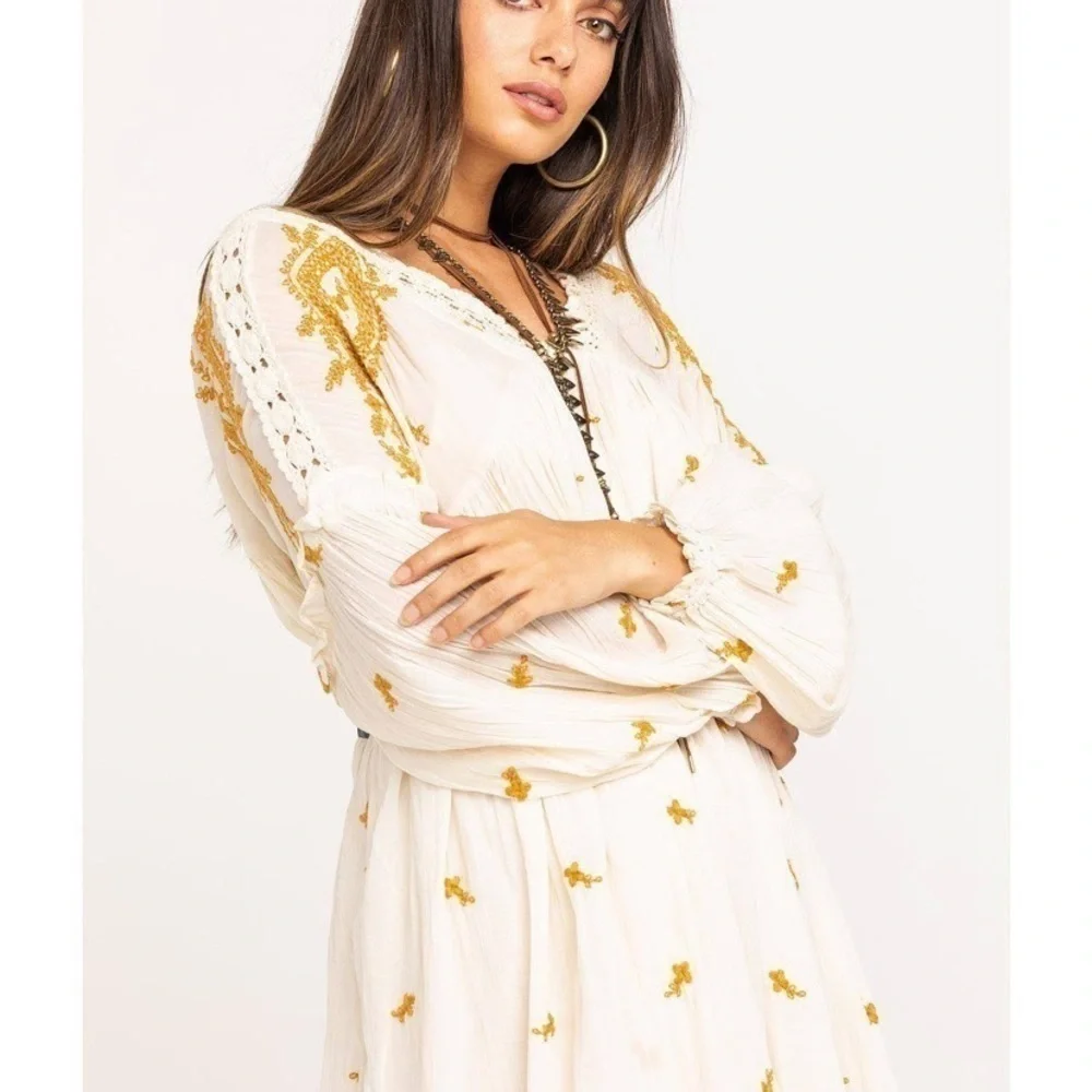 Free people oversized embroidered mp a line midi swing dress xs/s mustard ivory
